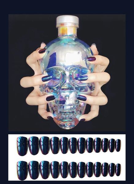 

24pcs blue purple gradient mirror false nails salon long nail tip extension press on fake nails shiny punk ladies manicure, Red;gold