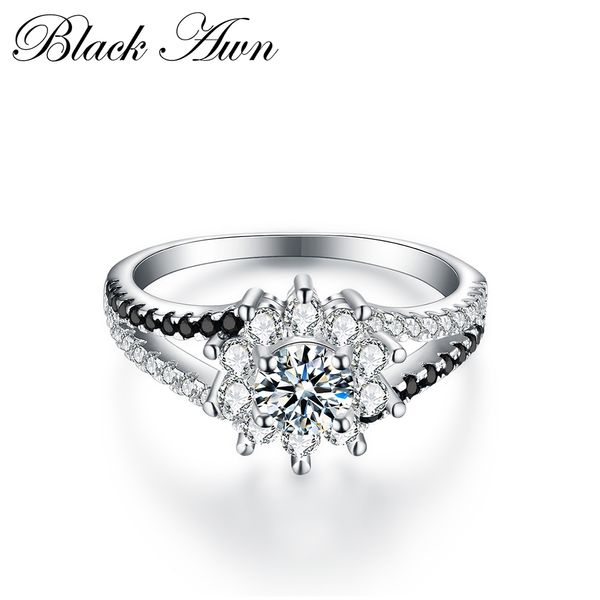 

black awn 2019 new fashion femme 100% genuine 925 sterling silver jewelry black&white stone engagement rings for women c220, Golden;silver