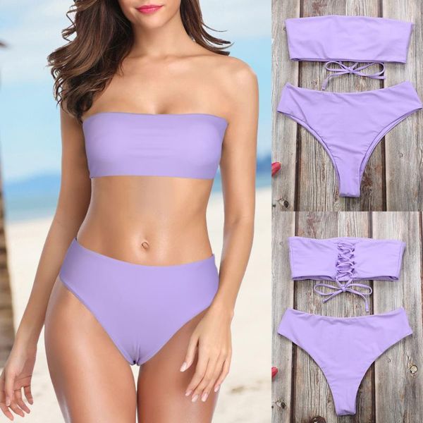 

bikinis set ribbed padded bandeau bikini off shoulder women strapless female swimwear pink biquini summer bathing suit