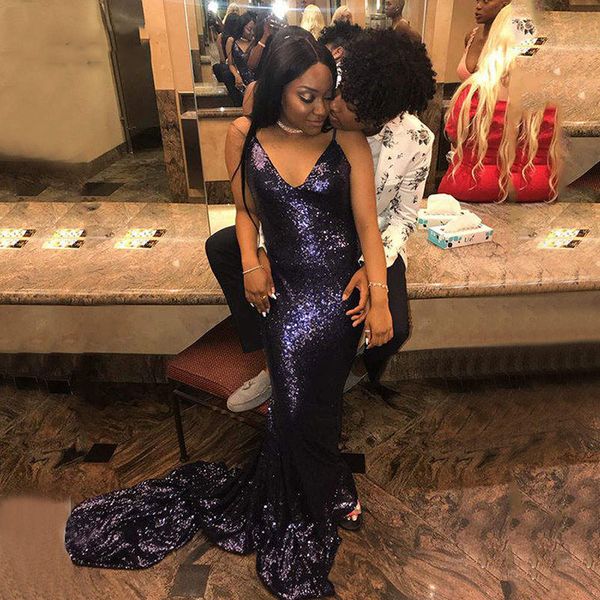 

sequin evening dresses long 2019 mermaid v neck spaghetti strap backless african formal prom party dress abendkleider, Black;red