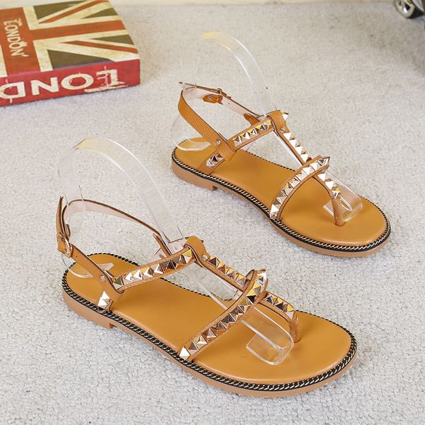 

ymechic 2018 ladies rivets lovely flat heel summer shoes gladiator sandals women yellow white brown rome girl sandal 35-40, Black