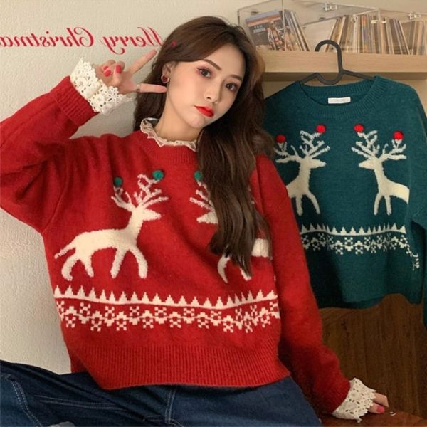 

red green new year christmas sweater women loose wear age-reducing long-sleeved christmas elk sweater holiday gift clothing, White;black