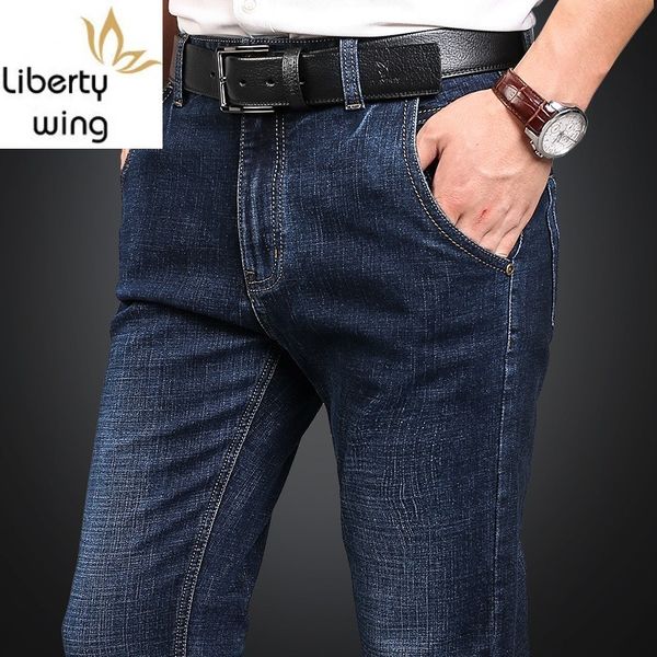 

business classic straight men's spring autumn overalls men loose fit stretch jeans plus size 42 denim pants male, Blue
