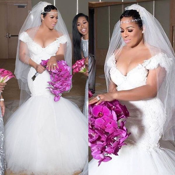 

mermaid wedding dress plus size robe de mariee cap sleeve deep v neck lace handmade appliques tulle bridal gowns custom size, White