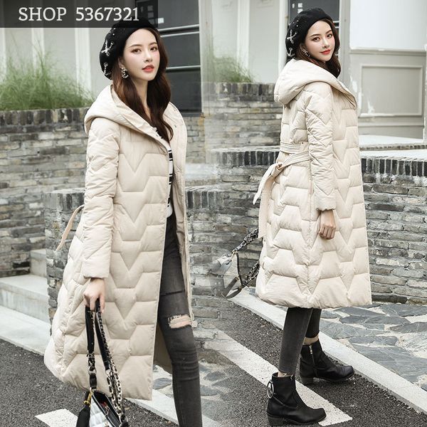 

cotton-padded clothes woman 2019 winter long fund overknee down cotton suit-dress self-cultivation belt loose coat, Black