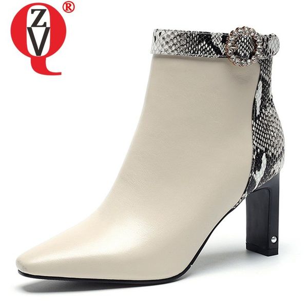 

zvq genuine leather ankle boots 2019 winter fashion floral print zipper crystal ring high heels women's shoes drop shipping, Black