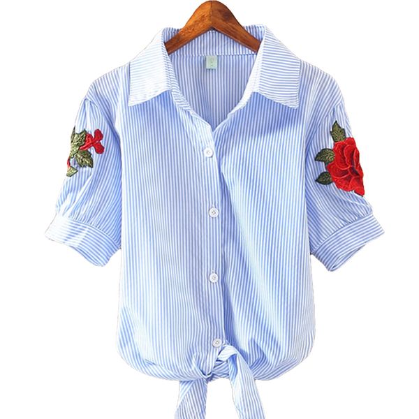 

short sleeve summer shirt womens and blouses 2019 fashion blue striped embroidered blouse elegant shirts chemisier femme, White