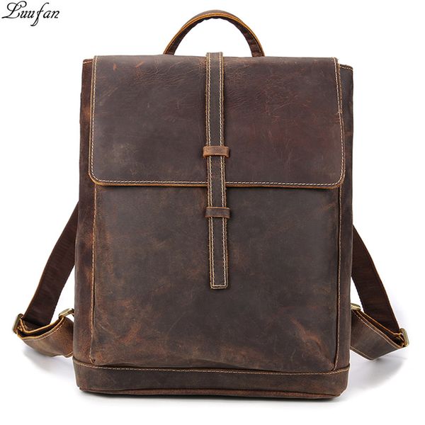 

men's crazy horse leather backpacks vintage genuine leather laprucksack durable shoulder bag cow school bag travel