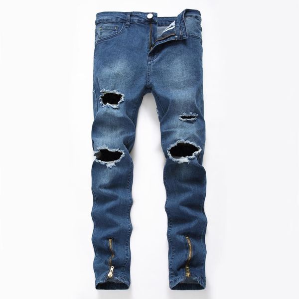 

north america men's wear ripped pants feet zipper jeans elasticity tight slim fit europe and america skinny men cowboy blue pant