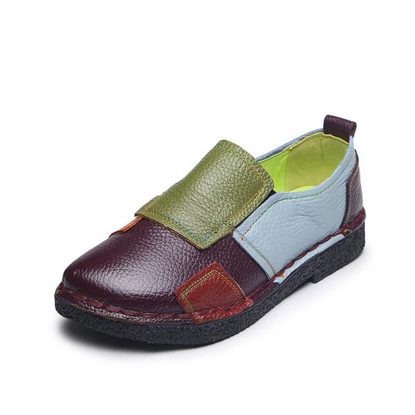 

autumn 2019 new national style large size leather color matching retro flat-heeled soft-soled shoes middle-aged mother shoes, Black