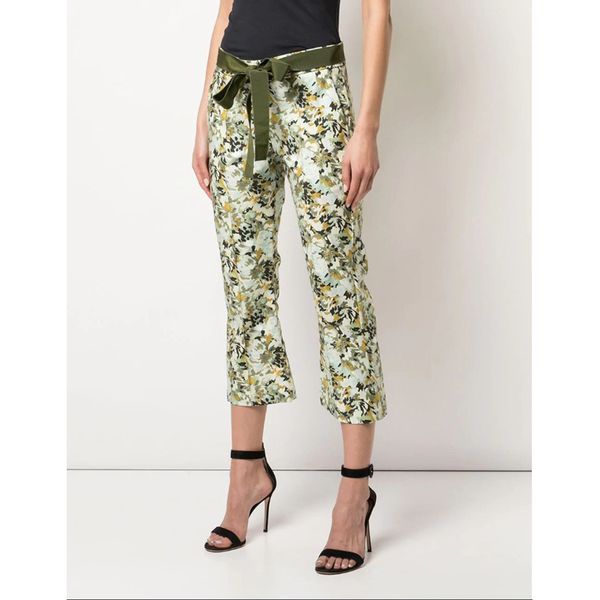 

6.10 2020 summer women flower prints waist bow bandage decoration cotton causal straight pants trousers, Black;white