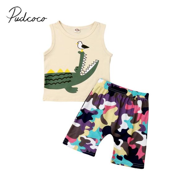 

2019 baby summer clothing toddler kids baby boy sleeveless cartoon crocodile t-shirt + camouflage shorts 2pcs outfits sets 6m-4y, White