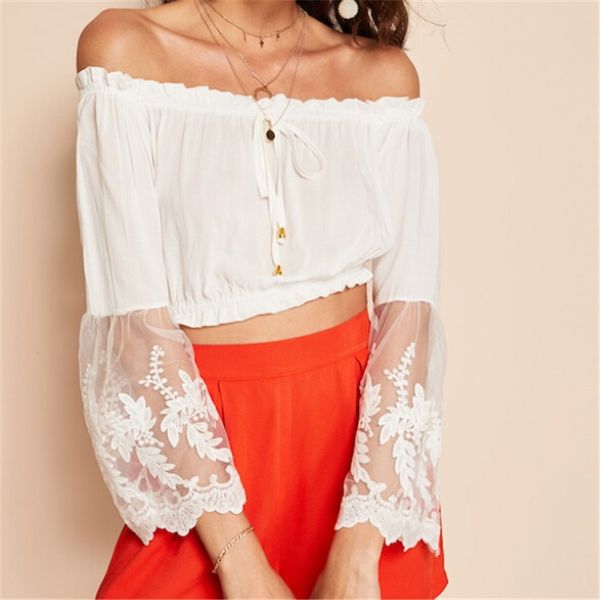 

womens off shoulder shirt 2019 summer lace long sleeve crop blouse ladies white jumper short blouse