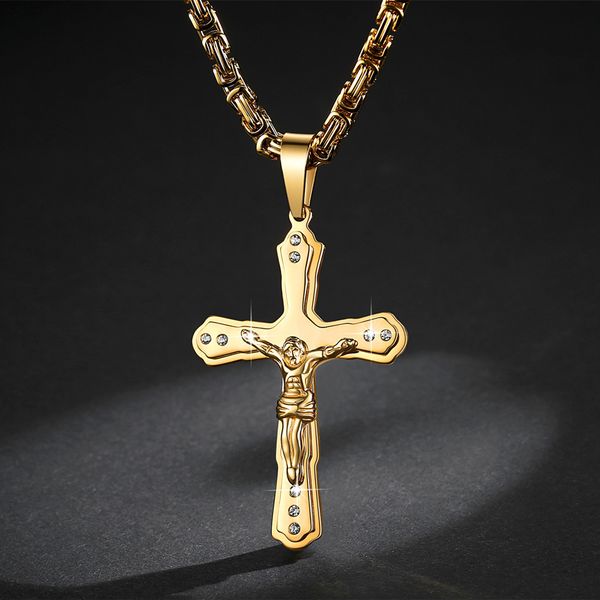 

Men Jewelry Gold Plated GOD BLESS Jesus Cross Necklace Men's Necklace Long Hip Hop HIPHOP mens Necklace