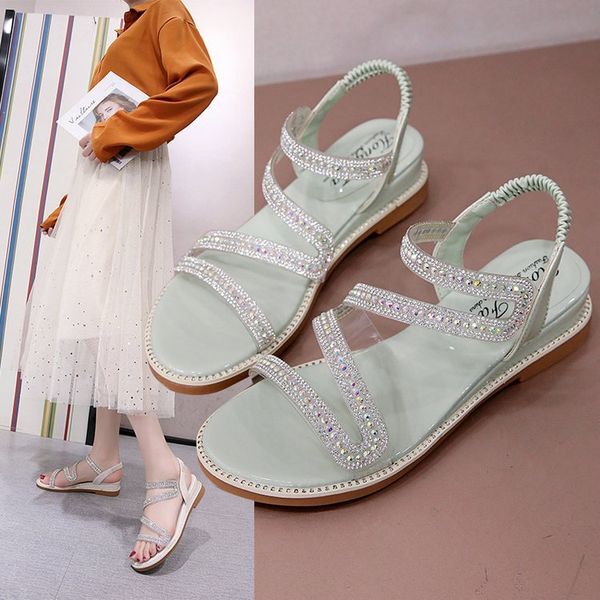 

summer new crystal fairy sandals fashion flat student thin drawstring roman shoes all-match, Black;red