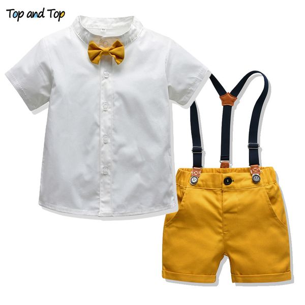 

and summer kids boy casual clothes set cotton short sleeve bow tie + suspender shorts children gentleman suit t200103, White