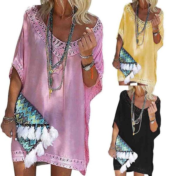 

fashion women's loose solid half-sleeve v-neck mini cover up dress lady summer casual beach lace baggy short dress, White;black