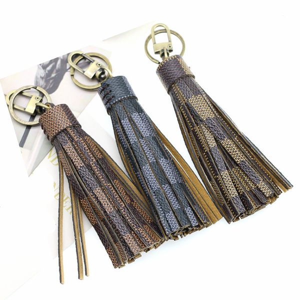 

luxury tassel keychain plaid leather keyrings jewelry diy bag pendant car key chains ring holder for women men fashion bag charm accessories, Slivery;golden