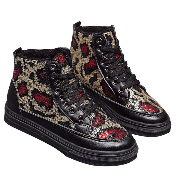 

sagace fashion women ankle boots 2019 autumn female shoes sequins leopard lace up flat platform round toe buckle strap 1122, Black