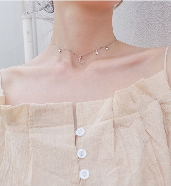 

s925 простой темперамент звезды луна ожерелье ожерелье корейский новый циркон пентаграмма звезда полумесяц колье ключицы цепи женский, Silver