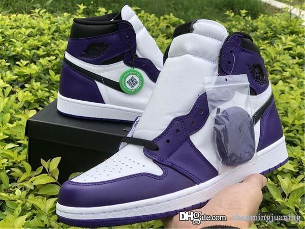 

новые ботинки воздуха аутентичные 1 высокий og суд фиолетовый баскетбол мужчины суд фиолетовый белый черный спортивные кроссовки 555088-500
