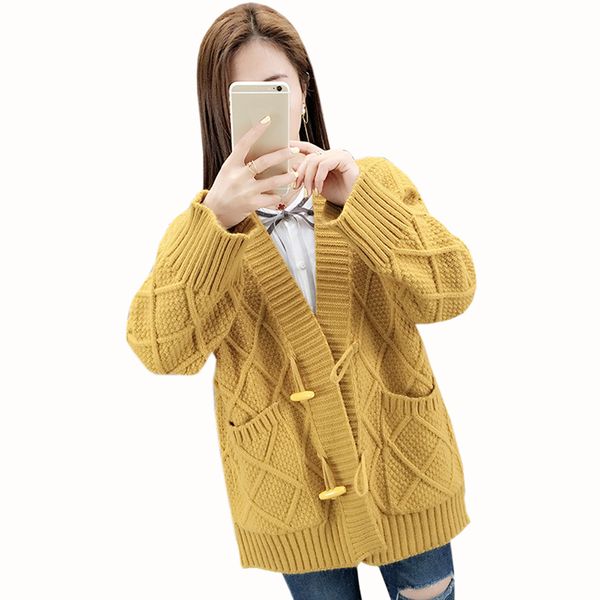 

spring tide new women knitted cardigans coat casual loose long sleeve sweaters solid color v-neck pockets sweater women 5 colors, White