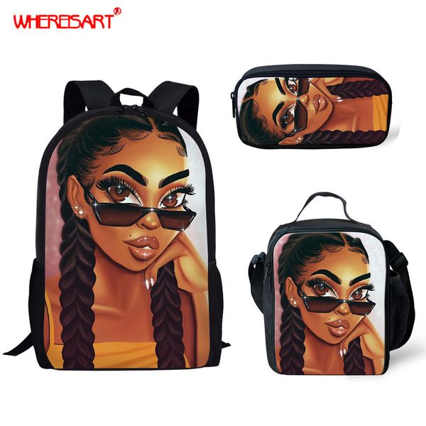 

whereisart 3pcs/sets children school bags set african black girls kids backpack girls princess student elementary schoolbags