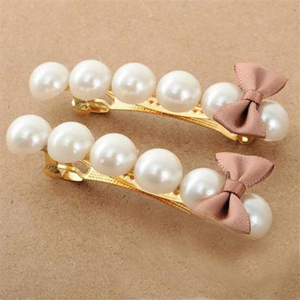 

korean version of the small fresh bow hairpin word pearl hairpin simple headdress sales jewelry, Golden;white