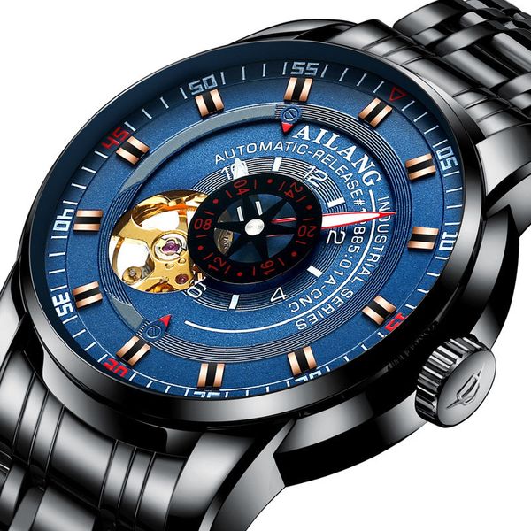 

fashion casual fully automatic large dial luminous tourbillon waterproof cutout luxury dress leather belt steel belt mechanical watch, Slivery;brown