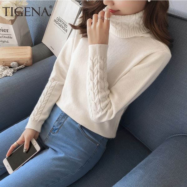 

tigena 2019 winter turtleneck sweater women thick warm knitted sweaters and pullovers female jumper for ladies white pink green, White;black