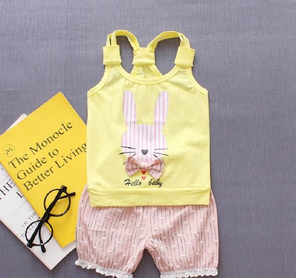 

fashion summer toddler baby girl lovely rabbit print sleeveless vest + lace shorts pants outfits clothing set, White