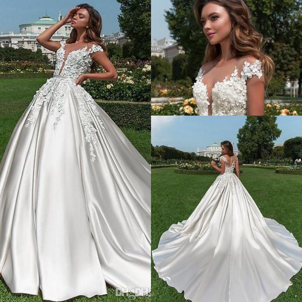 

elegant country style short sleeves lace wedding dresses 2019 summer beach a line satin lace appliqued bridal gowns with long sweep train, White