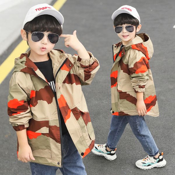 

spring autumn camouflage kids boys jackets casual teenager trench coat hooded letter print children outerwear boys clothing, Blue;gray