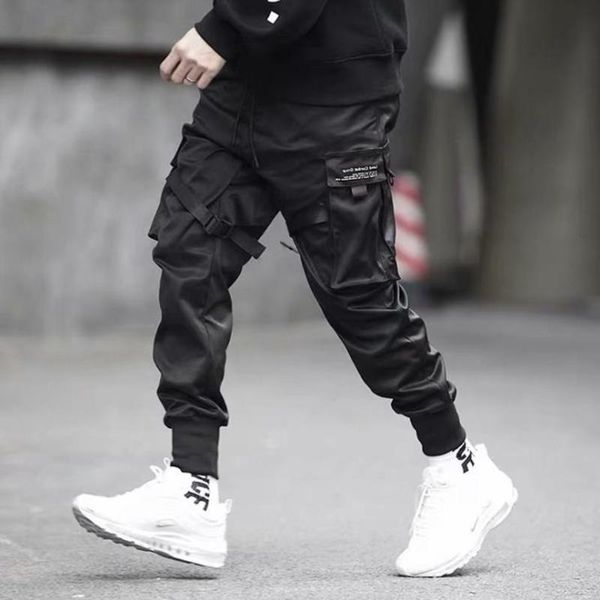 

men joggers harajuku ribbons color block black pocket cargo pants sweatpant hip hop trousers leisure loose trousers
