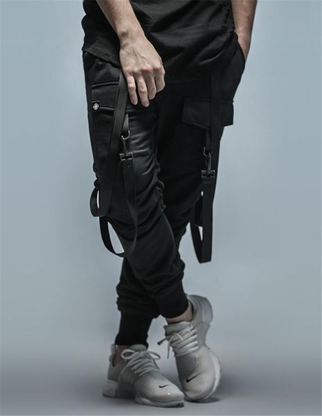 

hip hop style mens designer pants fashion ribbon mulit pockets panelled mens pants casual males clothing, Black
