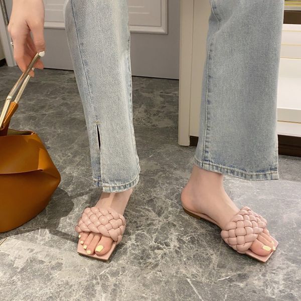 

2020 design women slippers elegant square toe flat heel slippers summer outdoor beach slides shoes pink shoes, Black