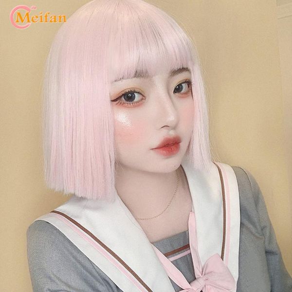 

meifan synthetic lolita wig with bangs for women green pink orange straight short hair natural cosplay party bob wig, Black