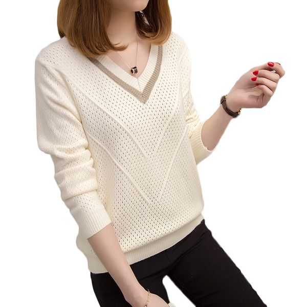 

women sweaters and pullovers 2018 spring autumn korean hollow sweaters womens loose knitted sweater female v-neck pullover, White;black