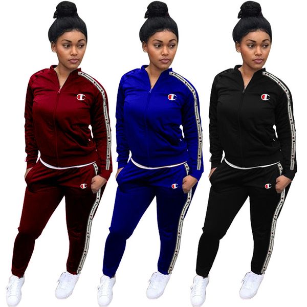 

womens two piece pants champion tracksuit designer zipper coat and trousers pants brand champ outfits spring gym jogger sportwear c8110, White