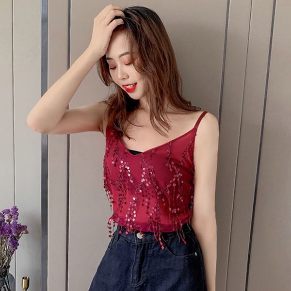 

new fashion tassel sparkling sequined sling vest women slim v neck sleeveless camis women summer casual camisole, White