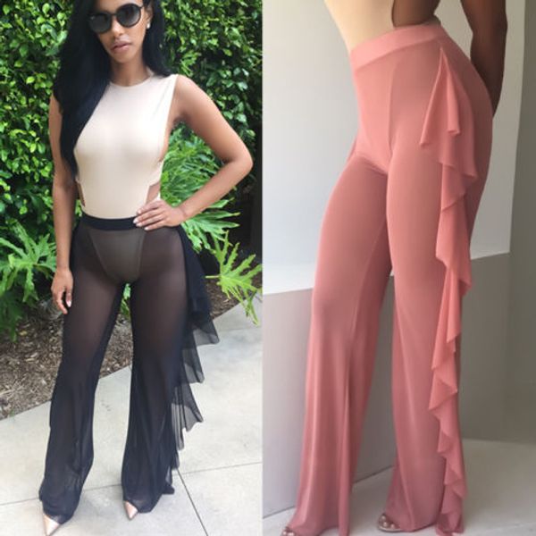 

ruffle mesh swimwear beach cover ups hign waist pure color beach long pants women swimwear summer bathing suit 2018 beachwear, Blue;gray
