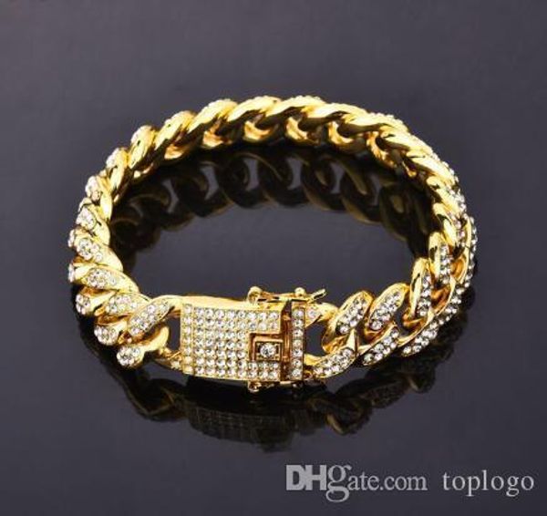 

gold color men hiphop iced out bling bracelets fashion rhinestone 19cm long miami cuban link chain hip hop bracelet men jewelry, Black