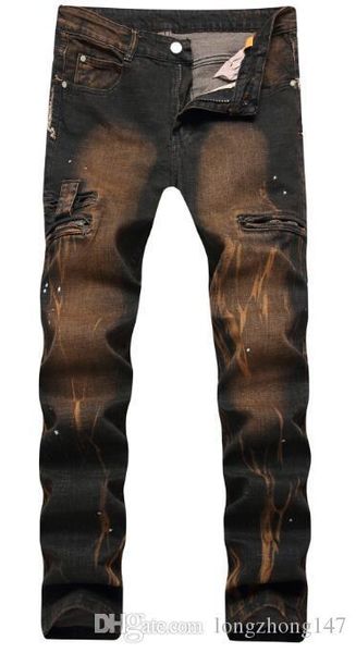 

новый мужчины молния беленой rippid брюки тонкого случайные винтажном j biker jeans straight ретро джинсы эластичность отверстие брюки слома, Blue