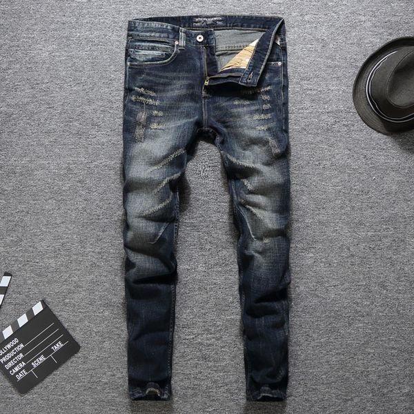

italian fashion designer men jeans classical brand jeans men slim fit dark color ripped homme biker, Blue