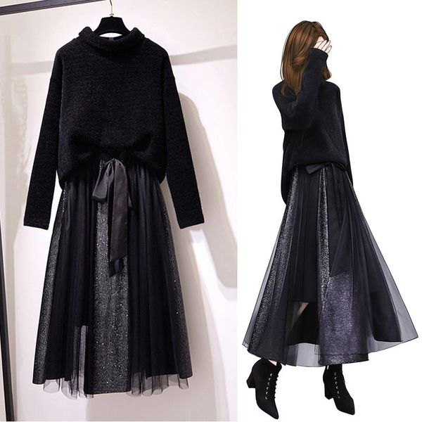 

2020 autumn winter women turtleneck long sleeve sweater pullovers+pleated skirt 2 piece set female shiny midi skirt suits n282, White