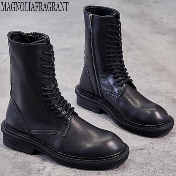 

autumn and winter genuine leather short boots women mid heel british style ankle boots ladies motorcycle flat shoes y685, Black