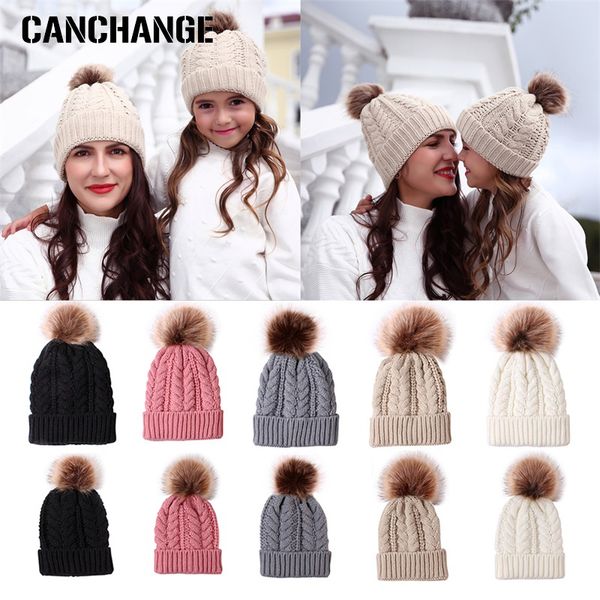 

fashion new winter hats knitted winter beanies hat women's hedging cap for girls mummy baby couple hats fluffy fur ball beanies, Blue;gray