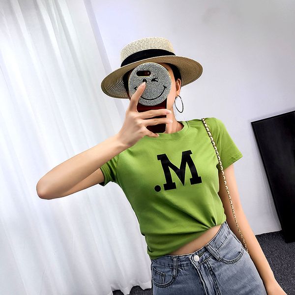 

2019 summer new style hong kong style printed letter avocado green t-shirt women's short sleeved slim fit short navel thin, White
