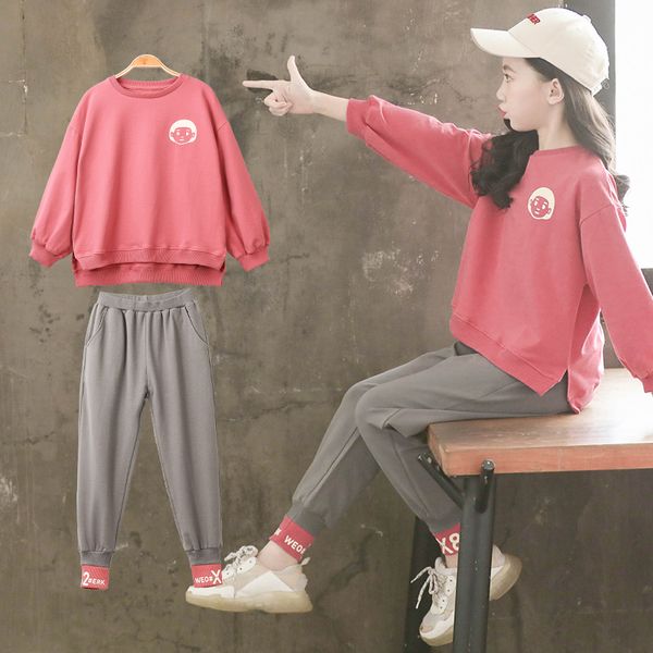 

2020 spring baby girls clothing casual sport t shirt pants 2pcs/sets kids child clothes suits cotton tracksuits 3 to 13 years, White