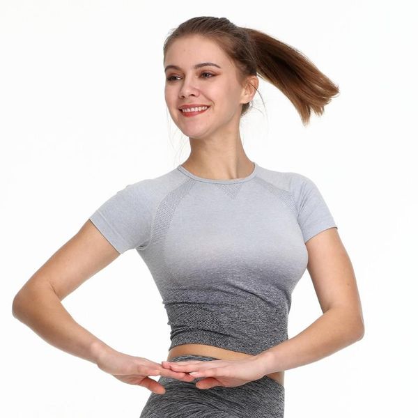 

women sport crop seamless short sleeve running sports sport wear yoga t shirt fitness gym workout, White;red